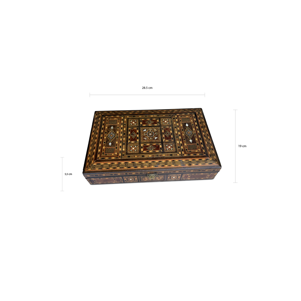 Old Syrian Mosaic Inlaid Wooden Box, Geometric Marquetry & Mother of Pearl