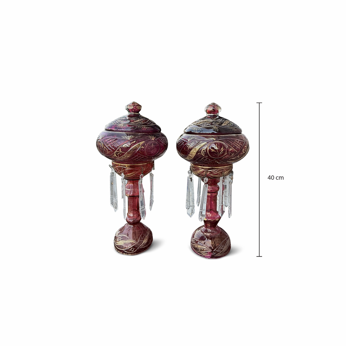 Pair of Vintage Cranberry Red Glass Lidded Urns with Crystal Drops