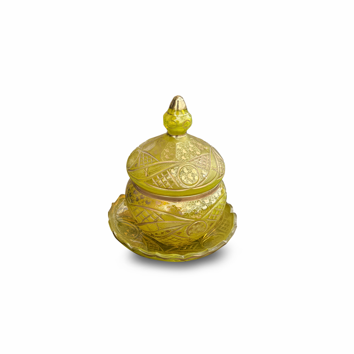 Antique Bohemian Uranium Glass Covered Bonbon Jar with Underplate